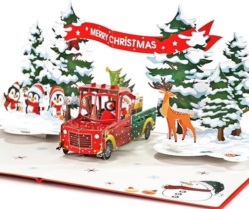 CUTPOPUP Xmas Truck - Carte de joyeux Noël pop-up, 15x20cm, Carte Noel 3D, nouvel an, carte de vœux de vacances (voiture de Noël sous l'arbre)