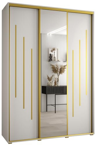 MEBLE KRYSPOL Davos 9 170 Schlafzimmerschrank mit DREI Schiebetüren - Moderner Aufbewahrungsschrank mit Spiegel, Kleiderstange und Regalen - 235,2x170x45 cm - Weiß Weiß Gold