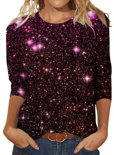 UnoSheng Maglia da donna con paillette, a maniche lunghe, con colletto alto, con paillettes, a tre maniche, scollo rotondo, top alla moda, top con glitter e paillettes a maniche lunghe, oro rosa, L
