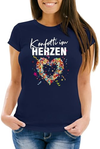 MoonWorks® Damen T-Shirt Fasching Karneval Konfetti im Herzen Kostüm-Ersatz Verkleidung Funshirt Frauen Navy XL