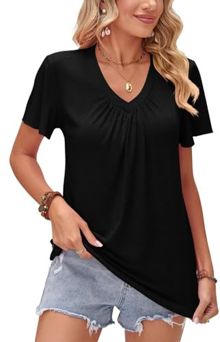 Rayson Camiseta Mujer Cuello en V Verano Camiseta de Poliéster Manga Corta Color sólido Casual Plisado Blusa Verano Básico Tops S-XL(Negro,S)