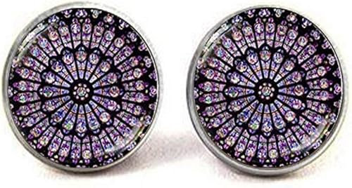 Boutons de manchette en vitrail Notre Dame de Paris, cathédrale Notre-Dame, fenêtre rose, bijoux catholiques, bijoux chrétiens, 16, Verre, Amazonite