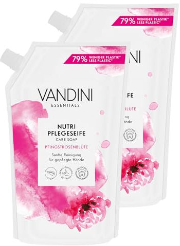 VANDINI 2x Nutri Seife Nachfüllbeutel mit Pfingstrosenblüte Duft 500ml - Made in Germany Flüssigseife Nachfüllbeutel vegan - Handseife Nachfüllbeutel reinigt sanft - Liquid hand soap refill