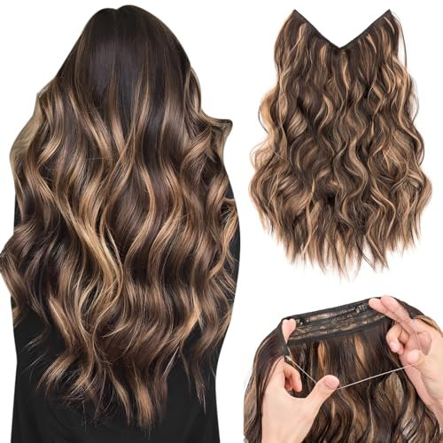 Silk-co Haarverlängerung mit Gummiband, Einstellbar Secrets Haarteil Synthetik, Extensions mit Schnur und Clips, Lange Gewellt Extensions für Frauen, 40cm Schokoladenbraun Gemischt Karamellblond