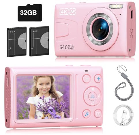 Appareil Photo 64MP 4K Compact Numérique Caméra avec Carte 32Go 18X Digital Zoom Mise Au Point Automatique Portable Appareil Photo Numérique Pas Cher pour Enfant Adolescent Débutants Adulte (Rose)