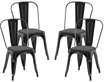 AC Pacific Stackable Metal Dining Chairs Set of 4 for Indoor and Outdoor Use, Durable Stacking Seat, Farmhouse Kitchen, Bar, Patio, Bistro, Cafe, Industrial Style, High Gloss Black