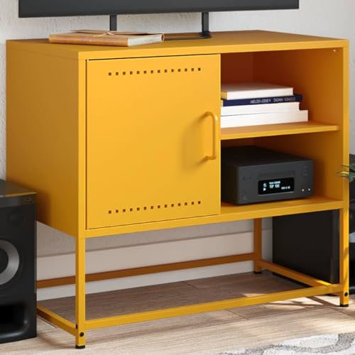Homgoday Meuble TV jaune moutarde 68 x 39 x 60,5 cm en acier, table pour TV, meuble TV salon, meuble bas pour TV de salon industriel, support TV