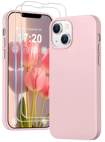 PuyaTeya für iPhone 13/14 hülle, mit 2 Stück 9H Panzerglas | Silikon Handyhülle, stoß- und kratzfest. 4-lagiges Mikrofaser-Innenfutter bietet sanften Schutz, Rose