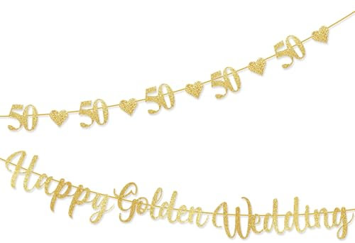 Glückliche Hochzeit Jubiläum Banner, Jubiläum Dekorationen, Glitter Hochzeit Jubiläum Bunting Banner, Hochzeit Dekorationen für Hochzeit Feier Party (50th Golden Wedding Banner)