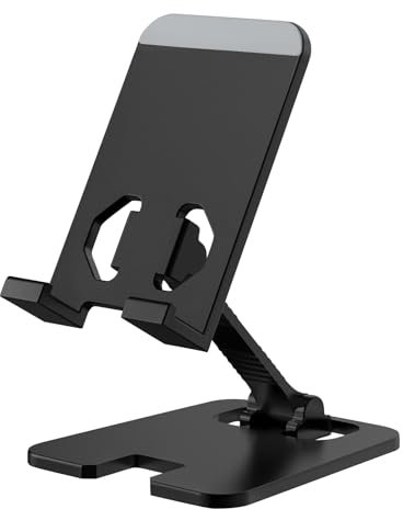 Amzpas Support de téléphone Portable Ajustable en Alliage de Zinc, léger et Facile à Transporter, Support de Téléphone Pliable pour iPhone et Android, Noir