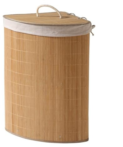 CALICOSY - Panier À Linge D'Angle - Bambou - Matière Naturelle Robuste - Sac Intérieur Amovible, Couvercle Et Poignées En Corde - Salle De Bain, Buanderie, Chambre - L 35 x l 35 x H 60 cm