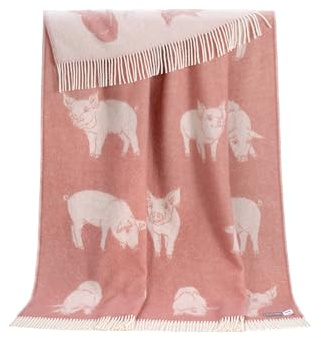 JJ Textile Piglet Throw 100% Wool - Soft & Cosy With a Reversible Design - Quality Wool Throw for Bed, Sofa & Home Decor - Large Blanket 190cm x 130cm.