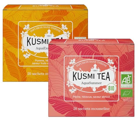 Kusmi Tea - AquaExotica & AquaSummer - Lot de 2 boîtes - Infusions Bio sans Théine Fruitées et Gourmandes - À Déguster Chaud ou en Thé Glacé - 2x20 Sachets de Thé