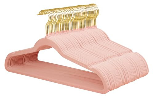 ManGotree Velvet Kleiderbügel, Kleider- und Anzugbügel, rutschfeste Filzbügel, ultraflache, platzsparende Kleiderbügel, robuste Kleiderbügel, 360 Grad drehbare Goldhakenbügel, 48 Stück (Rosa)