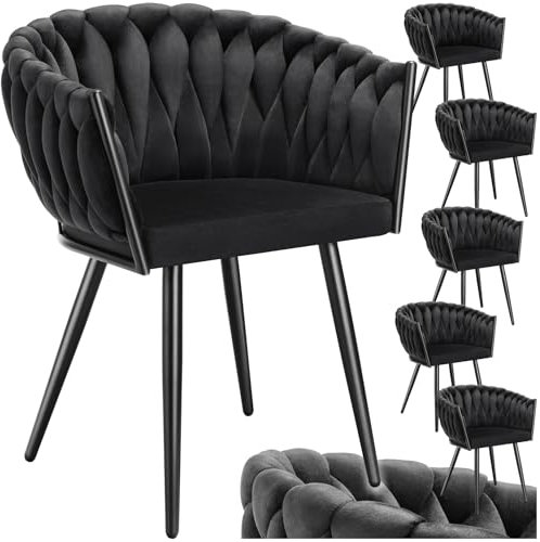 tectake® Samt Stuhl, Schalenstuhl mit Armlehne in Knoten Optik, Esszimmerstühle, Sessel modern für Wohnzimmer, Esszimmer, als Küchenstühle, für Schminktisch, Dining Chair Set - schwarz, 6er Set