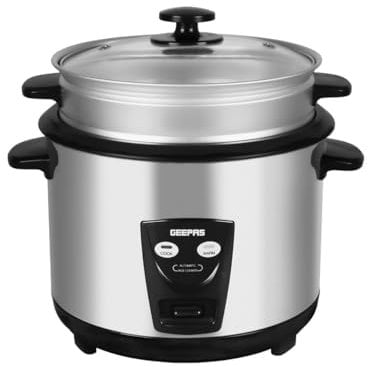 GEEPAS 2.8L Rice Cooker with Steamer | Keep Warm Function | Automatic Cooking Non-Stick Inner Pot | Make Rice & Steam Healthy Vegetables | Includes Measuring Cup, Spatula & Tempered Lid | 1000W Silver