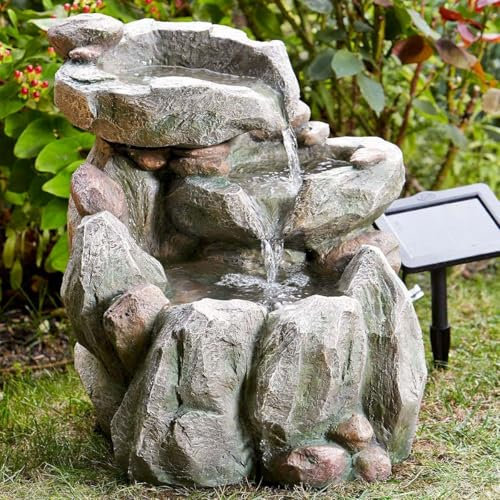 Festive Lights - Fontana da giardino ad energia solare da 51 cm con flussi a cascata - Fontana da giardino effetto pietra grigia, poliresina resistente alle intemperie - IP44, pompa a ricircolo