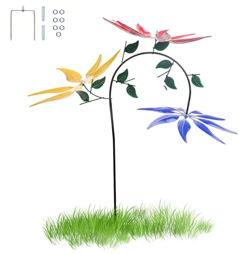 FINELYCR Windspiel Garten Stehend, 3 Sonnenblumen Windspiele für Draußen, 360° Drehbar Windmühle Metall Garten, 3D Windräder Garten, für Garten, Gemüsegarten, Hof