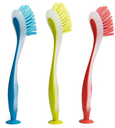 3-Piece Cleaning Brush Set with Suction Cup Stand Long Handle Soft Non-Scratch Bristles & Comfortable Grip for Dish Washing, Kitchen, Home Assorted Colours Durable Plastic