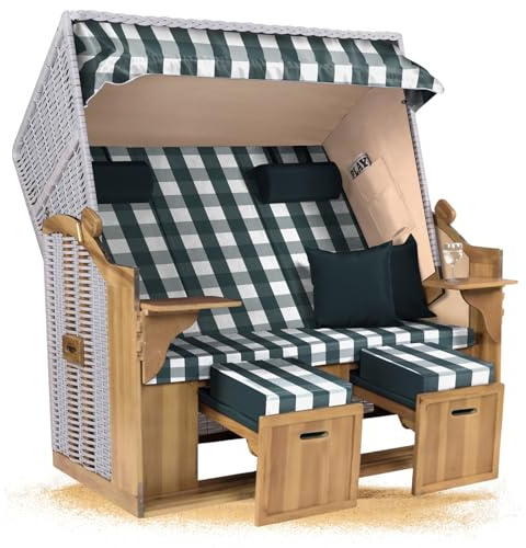 Strandkorb Hanse Ostsee XXL 2,5 Sitzer Volllieger Weiß 150cm breit, ideal für Garten, Terrasse und Balkon (Grün Weiß Kariert, Zerlegt)