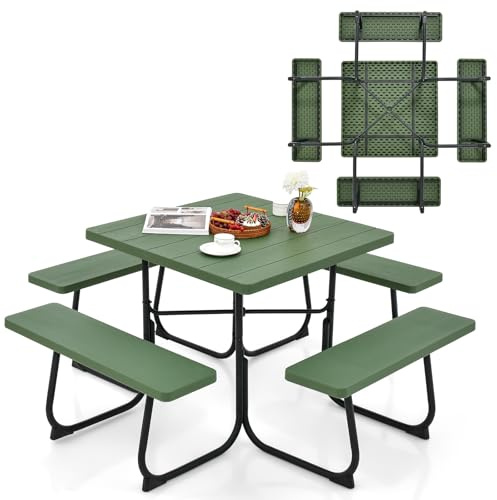 KOMFOTTEU Set Tenda da Birra, Tavolo con 4 Panche da Birra per 8 Persone, Set di Mobili da Giardino con Foro per Ombrellone, Set Tendone da Campeggio in HDPE, Telaio in Metallo (Verde)