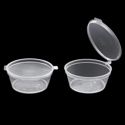 HOT BARGAINS 100 X 6oz/180ml Hinged Sauce Pots Clear Round Reusable Plastic Containers with Lids (100)