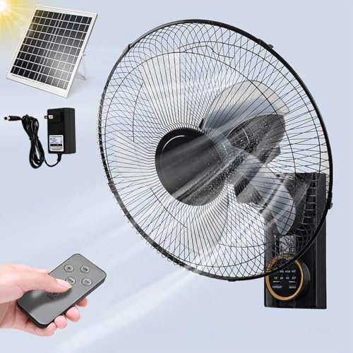 Generico Ventilatore Solare da esterno da 40cm,ventilatore da parete con pannello solare,Ventilatore a piantana con telecomando,ventilatore da muro Oscillante 90°,5 pale,3 velocità,silenzioso