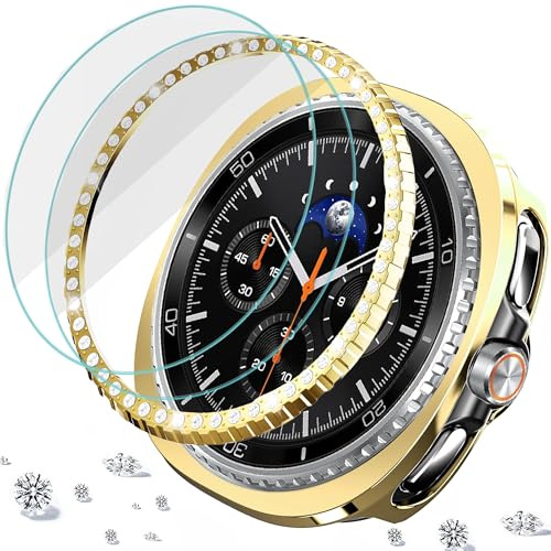 DEALELE [2+2 Pack] Gehärtetem Glas Gehäuse Kompatibel mit Samsung Galaxy Watch 8 Classic 46mm, Glitzer Metall Lünette Ring und PC Schutzhülle Abdeckung mit 9H Gehärtetes Glas Bildschirmschutz, Gold