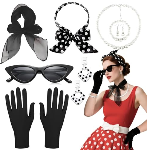 Bryndo 50er 60er Jahre Outfit Damen, Rockabilly Accessoires 50er Jahre Kostüm Zubehör Chiffon Schal Handschuhe Stirnband Ohrringen Sonnenbrille Vintage Zubehör 60er Kleid für Mottoparty Karneval