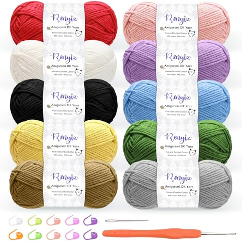Renyiz Wolle zum Häkeln 10 x 50g Häkelgarn (60% Baumwolle, 40% Acryl) mit 2,5mm Häkelnadel & Zusatzzubehör, Ideal als Babywolle, Strickwolle, Häkelwolle und Baumwollgarn zum Häkeln