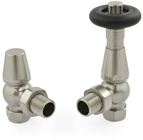 Traditional Radiator Valves, Thermostatic, Wheelhead Style Satin Nickel Angled TRV - Sigma