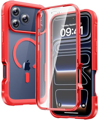 Diaclara Magnetic for iPhone 17 Pro Max Case, Screen Protector, Red | Fit for MagSafe, Built‑in Anti‑Scratch Touch‑Sensitive Screen Protector, 360° Dual‑Layer Rugged, Mil‑Grade Drop Protection