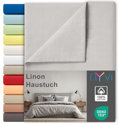 NYVI Linon Deluxe Bettlaken ohne Gummizug aus 100% atmungsaktiver Baumwolle - Betttuch auch als Sommerdecke nutzbar, Oeko-TEX 100, Bei 60°C waschbar - 240x260 cm Silber