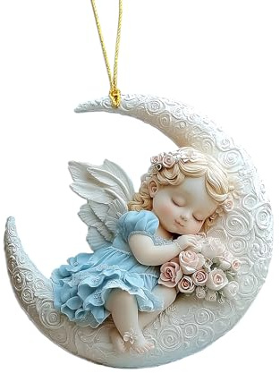 YiQinzcxg 2D Bébé Ange Plat Sur Lune Voiture Ornement Suspendu Dessin Animé Acrylique Pendentif Porte-clés Sacs à Dos pour Décoration de la Maison Cadeau Arbre de Noël