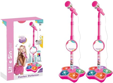 Kids Karaoke Machine with Stand,Karaoke Machine Kid, Standing Microphone with Flashing Stage Lights Adjustable Stand Gift, Singing Musical Toy for Age 3+ Children, Boys and Girls (Pink, 2 Pcs)