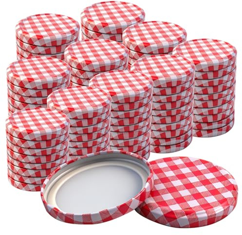 TOKSEO Lot de 100 couvercles à visser pour bocaux de conservation - 82 mm - Rouge/blanc - 230/350/435/565 ml