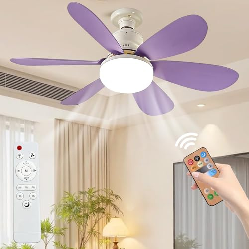 YumSur Ceiling Fans with Lights,E27 40W Ceiling Lamp with Fan RC Timing, 3 Speeds 3 Colors (3000-6500K) LED Lights, Quiet Fan 6 Blades,Modern Fan Lamp for Bedroom Living Room(style1 Purple)
