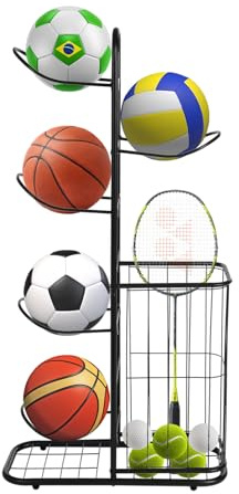Ballständer, Ball Aufbewahrung, Basketball Aufbewahrungsregal, Abnehmbares Standing Rack Halter with 5 Ball Ständer, Aufbewahrung Regal, 58 * 23.5 * 116cm, für Rugby Volleyball Fußball Display