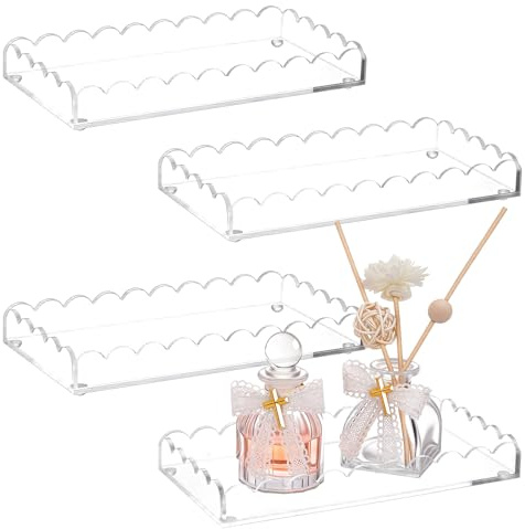 INTERWARM 4Pcs Acrylic Bathroom Vanity Trays, Clear Acrylic Scalloped Trays | 10x20x2.5cm Rectangular Acrylic Tray, Soap Sponge Makeup Storage Holder for Bathroom, Kitchen & Living Room Decor
