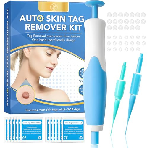 Skin Tag Removal Kit, Skin Tag Remover for Face Neck — Auto Applicator Pen with 40 Removal Bands, 10 Cleansing Wipes, At Home Tools for Adults and Multiple Area Use (Blue)