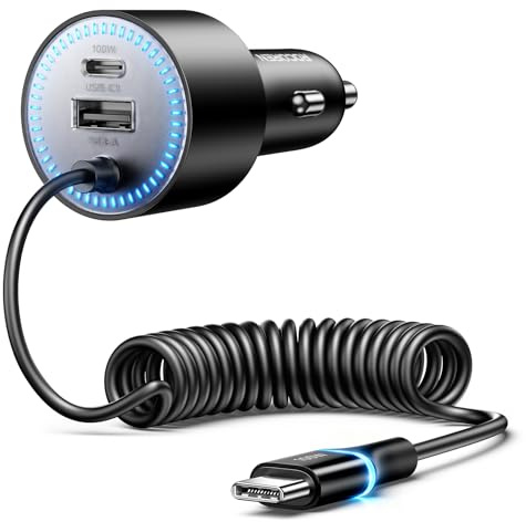 Rocoren 200W Zigarettenanzünder USB C, Kfz Auto Ladegerät mit 1.6M PD100W Spiral Typ C Ladekabel, 12V/24V Car Charger Schnellladegerät Auto USB Adapter for MacBook Pro, iPhone, Samsung, Laptops, Handy