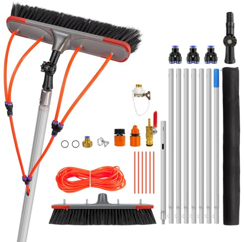 7m Telescopic Water Fed Pole for Window Cleaning, Aluminium Extendable Brush with Soft Bristles for Solar Panels, High Reach Conservatory & Patio Cleaning Equipment
