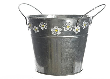 Kaemingk Zinktopf mit Henkel grau mit Blumendekor 16 x 13 x 12 cm