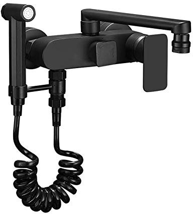 Grifo de Cocina de Pared Negro, Latón 360° Giratorio Caliente y Frío Grifo Cocina Conveniente Pistola Rociadora Multifunción Grifos Fregadero Cocina