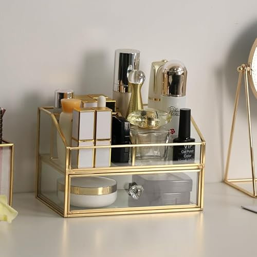 SLHEQING Make Up Organizer mit Schubladen Gold Kosmetik Organizer Große Schmink Organizer, Cosmetic Organizer Glass Skincare Organizer für Schlafzimmer, Badezimmer, Schminktisch