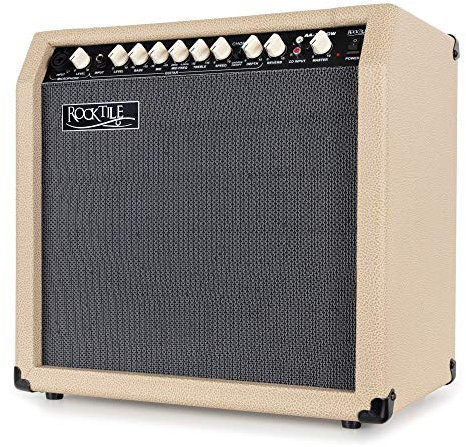 Rocktile AA-30 CW Eric Akustikverstärker - 30 Watt - 2 Kanäle (Mikrofon und Gitarre) - 10 Speaker + 2,5 Hochtöner - AUX-Eingang und Line Out - Chorus- und Hall-Effekt - Creme