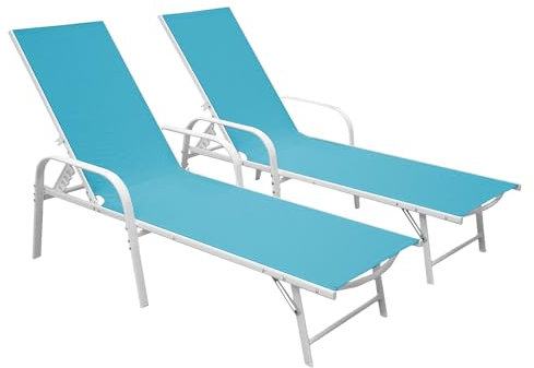 Happy Garden Lote de 2 tumbonas Sardinia de textilene Azul Estructura Blanca. Tumbona de Exterior de Acero de 5 Posiciones.