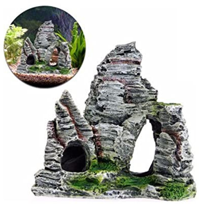 Kewmayer 1Pcs Aquarium Rock Cave Dekoration mit Grün Gras für Fische Garnelen Verstecken,MountainViewMoosBaumHaus,SteinNaturOptik,Felsenhöhle,für Fische Garnelen Verstecken Aquarium Dekoration