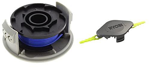 Ryobi Fadenspule RAC124 (für alle Ryobi 18 V ONE+ Akku und Hybrid-Rasentrimmer; 1,6mm) 5132002433, Grau, Schwarz, Blau & Doppelt gezackter Klingenkopf für RAC155 Edger Schwarz
