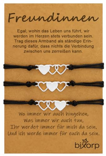 Bixorp Freundschaftsarmband für 3 mit Herz-Anhängern Silber - BFF Armband für Mädchen & Damen - Ideales Geburtstagsgeschenk für die beste Freundin